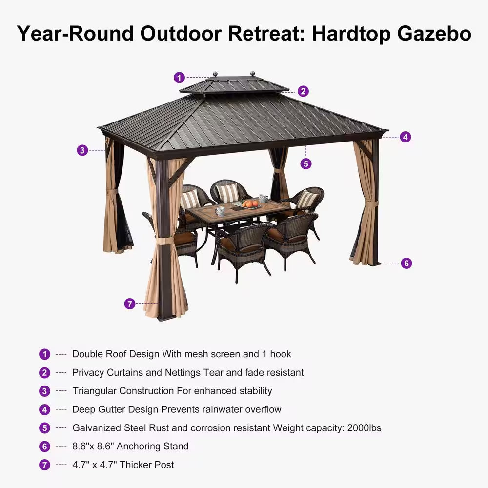 10 Ft.X 13 Ft.Bronze Patio Outdoor Gazebo for Backyard Hardtop Aluminum Frame with Hooks,Netting,Khaki Curtain,24-Lights