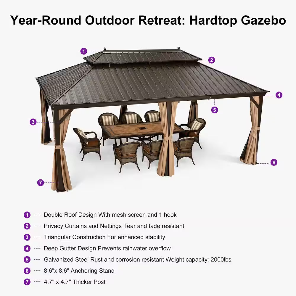 12 Ft.X 20 Ft.Bronze Patio Outdoor Gazebo for Backyard Hardtop Aluminum Frame with Hooks,Netting,Khaki Curtain,36-Lights