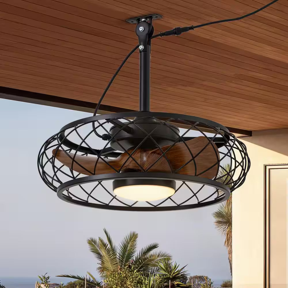 21 In. Smart Indoor/Outdoor Industrial Black Caged Plug-In Ceiling Fans with Dimmable LED with Remote Included