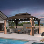 11 Ft. X 15 Ft. Bronze Patio Outdoor Gazebo for Backyard Hardtop Aluminum Frame, Hooks,Netting,Khaki Curtain, 24-Lights