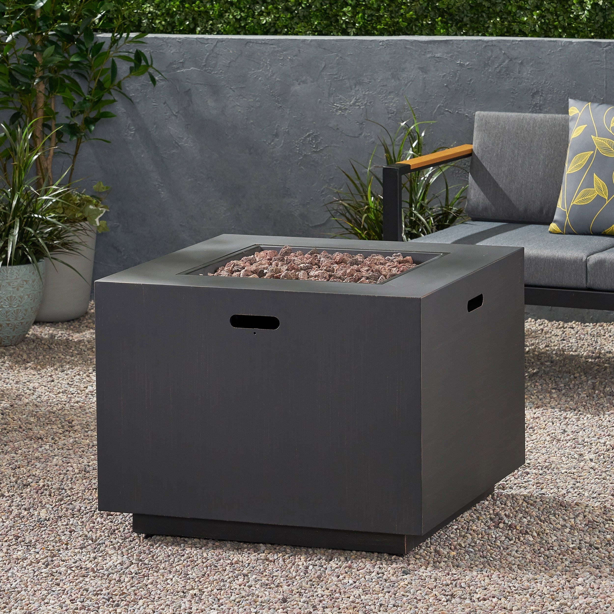 Outdoor Iron Square Propane Fire Pit - Brushed Brown