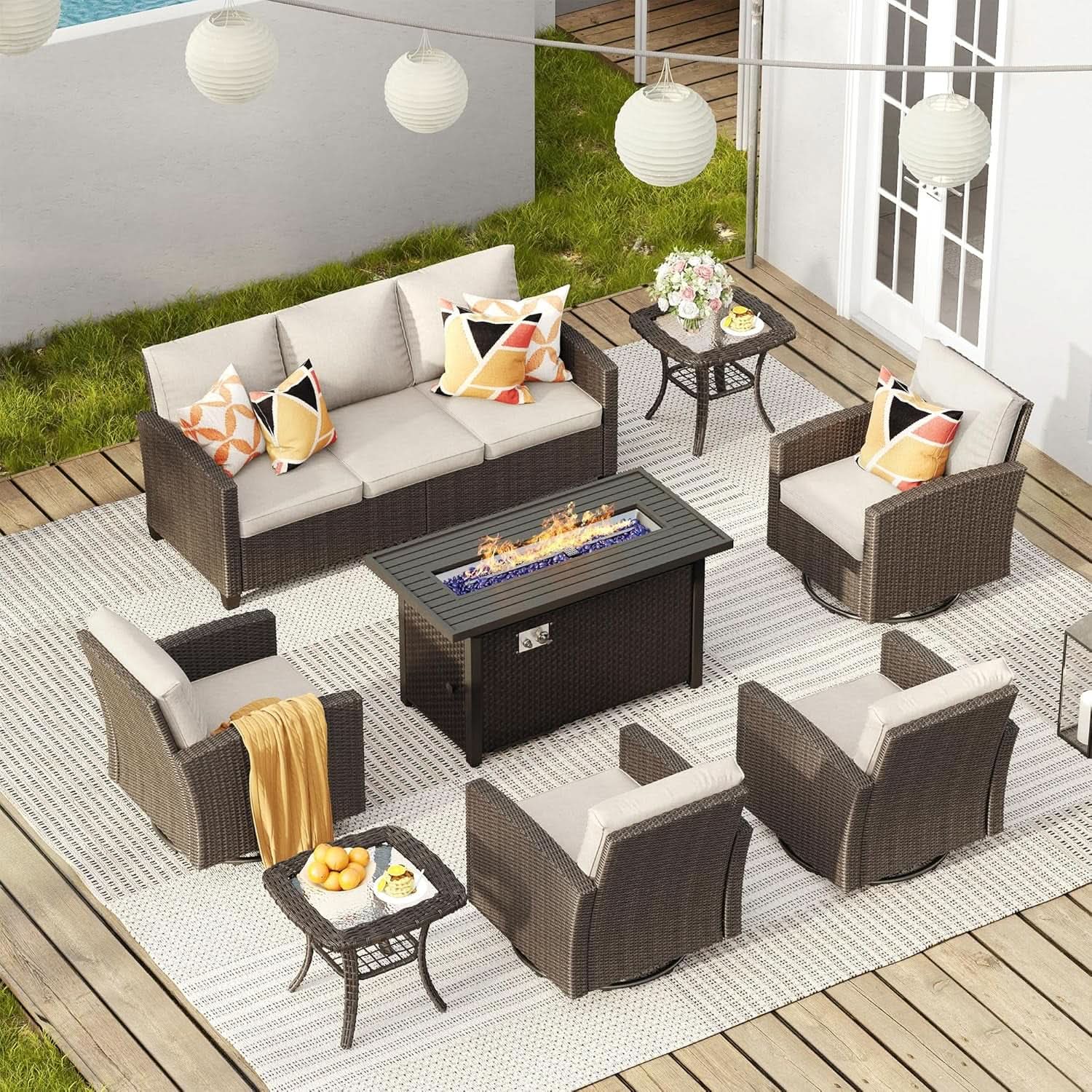Eight-Piece Outdoor Patio Furniture Set with Firepit