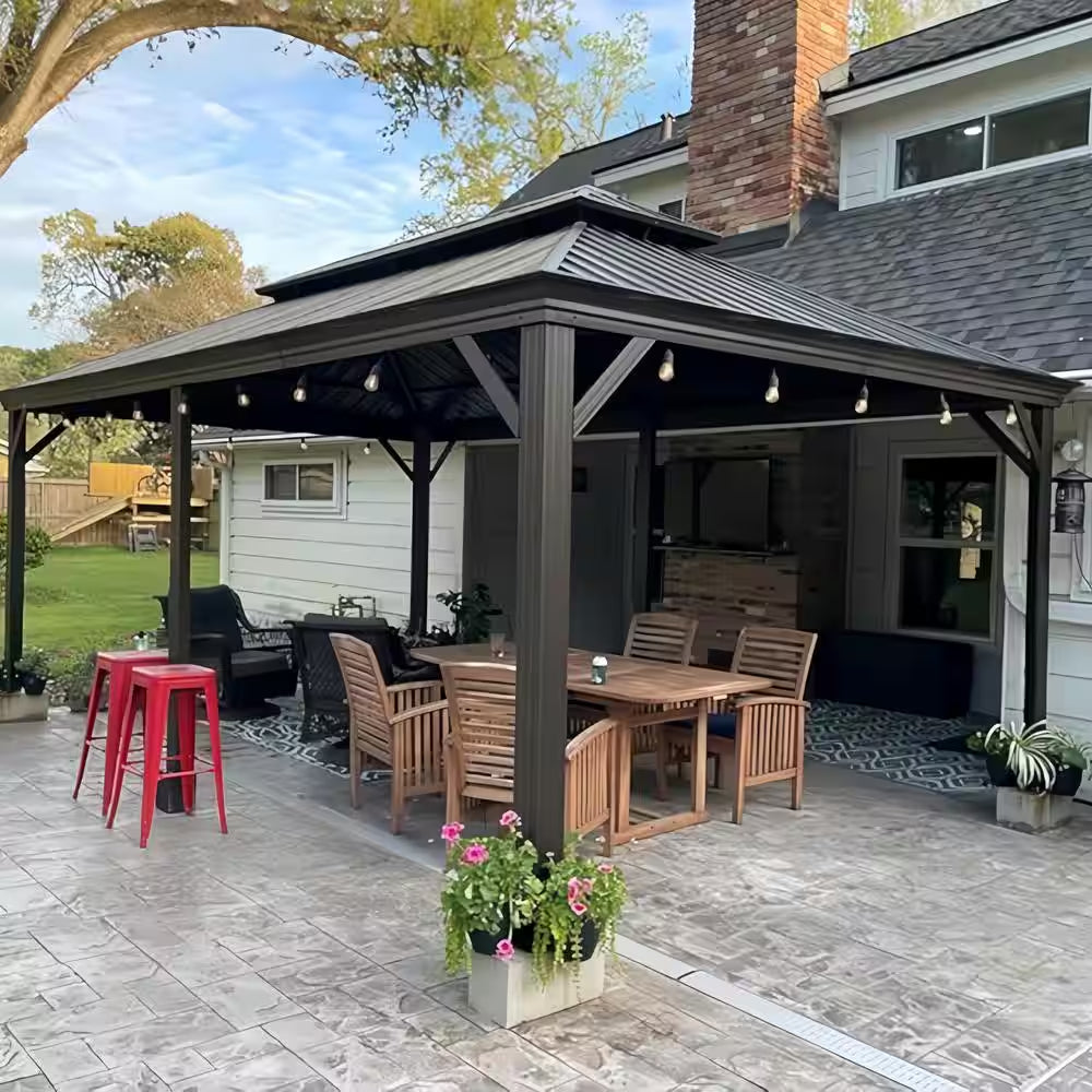12 Ft.X 20 Ft.Bronze Patio Outdoor Gazebo for Backyard Hardtop Aluminum Frame with Hooks,Netting,Khaki Curtain,36-Lights