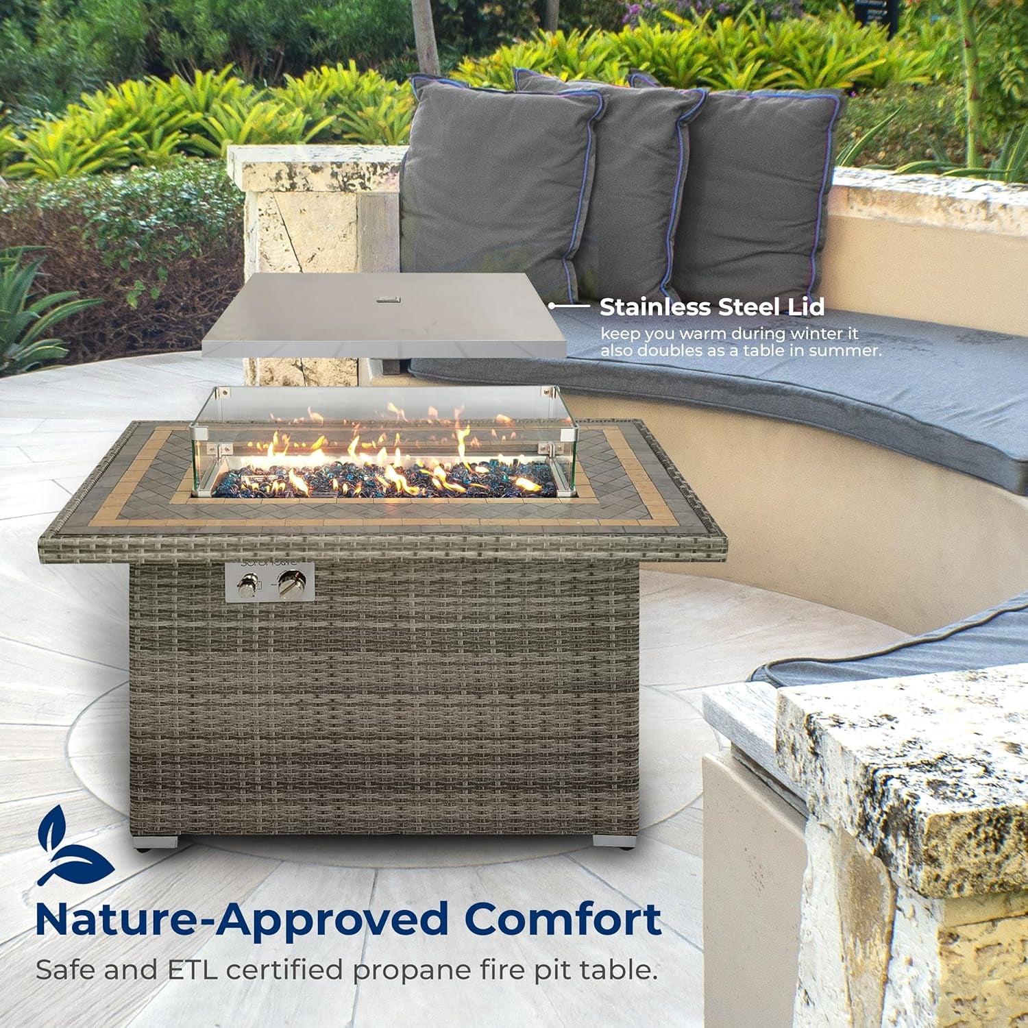 Outdoor Propane Fire Pit Table, 50,000 BTU Wicker Gas Firepit with Tile Tabletop, with Glass Wind Guard and Decorative Glass Stones, CSA Certified, Weatherproof Cover, 43"X27"X25"