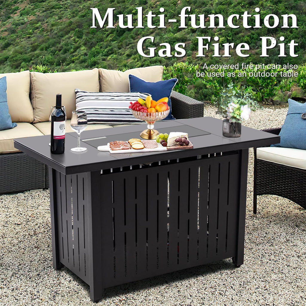 44" Propane Gas Fire Pit Table 50,000 BTU Outdoor Rectangular Firepit with Lid, Rain Cover for outside Garden Backyard Deck Patio, Black