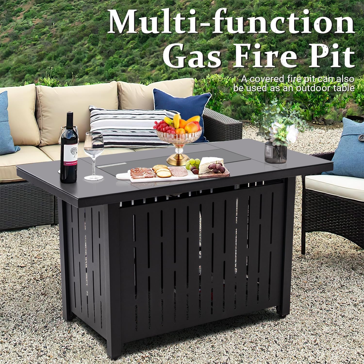 44" Propane Gas Fire Pit Table 50,000 BTU Outdoor Rectangular Firepit with Lid, Rain Cover for outside Garden Backyard Deck Patio, Black