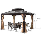 10 Ft.X 13 Ft.Bronze Patio Outdoor Gazebo for Backyard Hardtop Aluminum Frame with Hooks,Netting,Khaki Curtain,24-Lights
