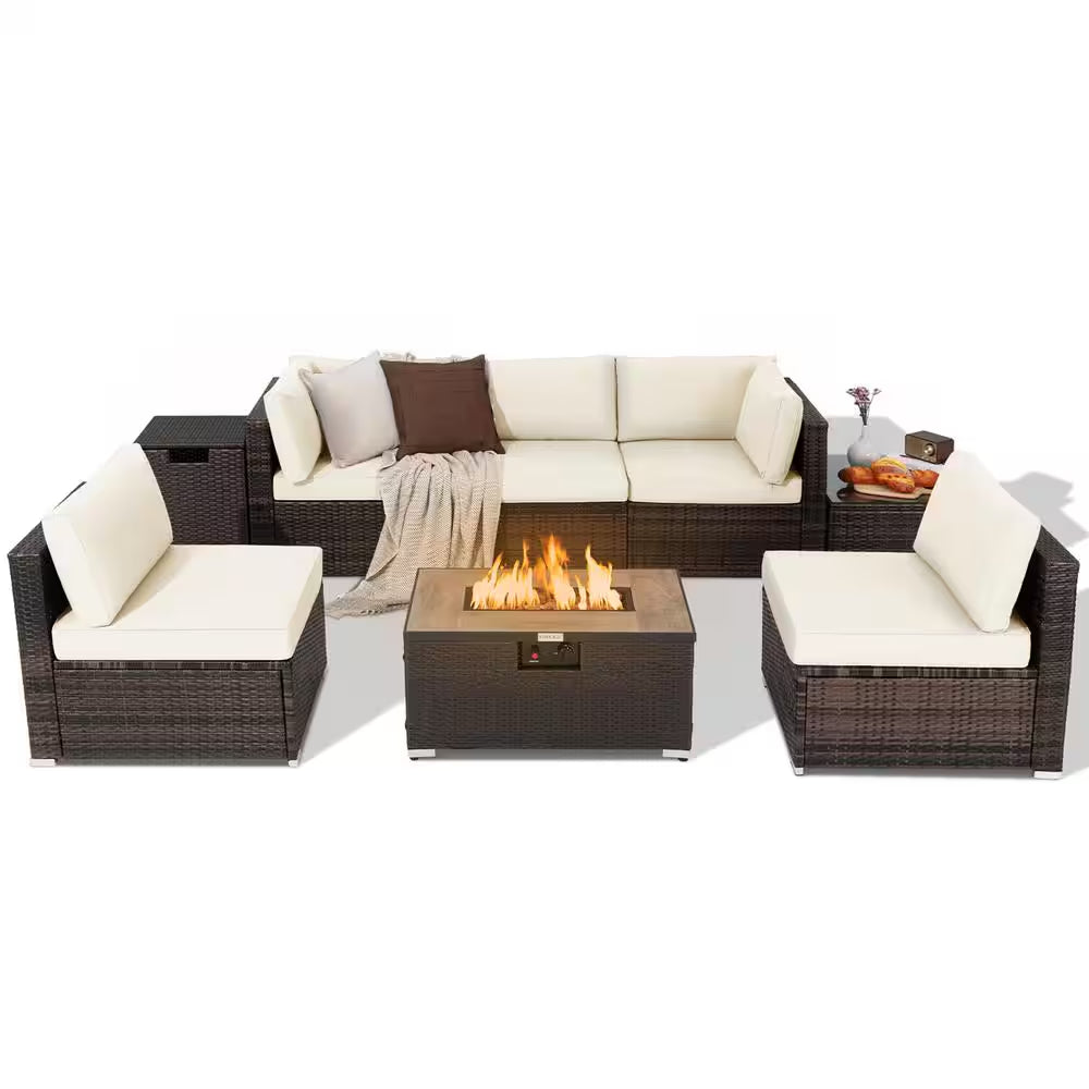 8-Piece Patio Rattan Furniture Set Fire Pit Table Tank Holder Cover Deck off White