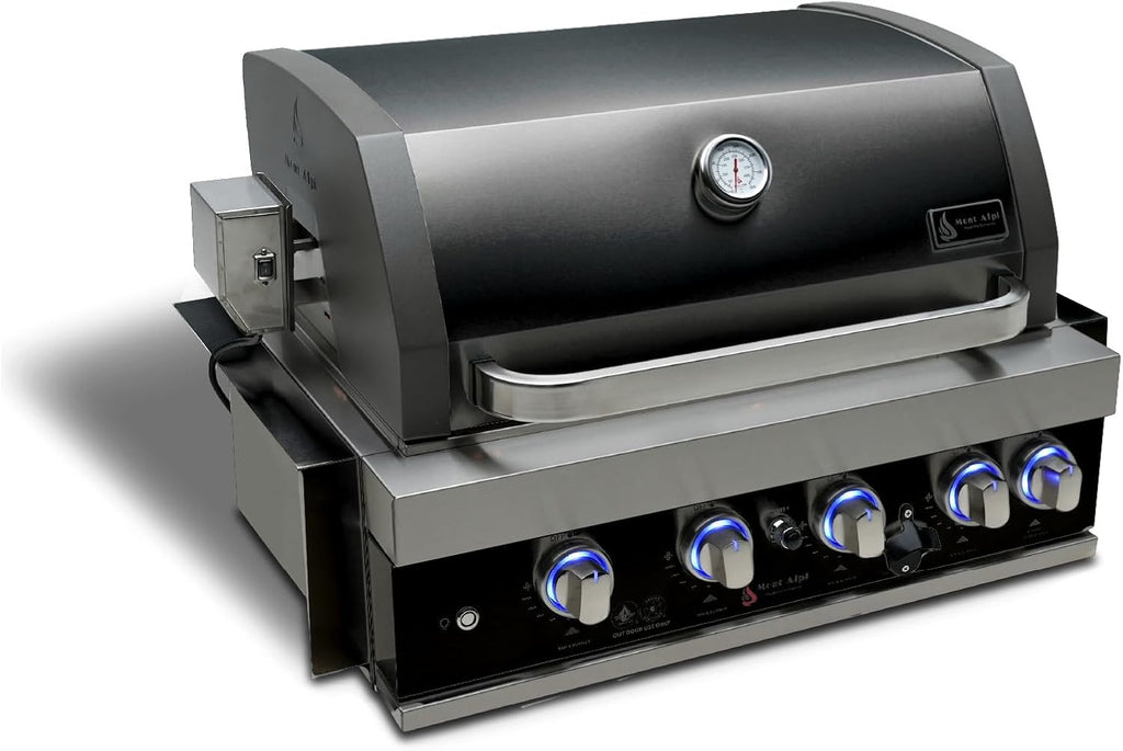Premium 32"W X 23"D X 21"H Black Stainless Steel 4-Burner 63000 Btus Outdoor Kitchen Kitchen Island Heavy Duty Propane Built-In BBQ Gas Grill Head with Infrared Rear Burner + Rotisserie Kit