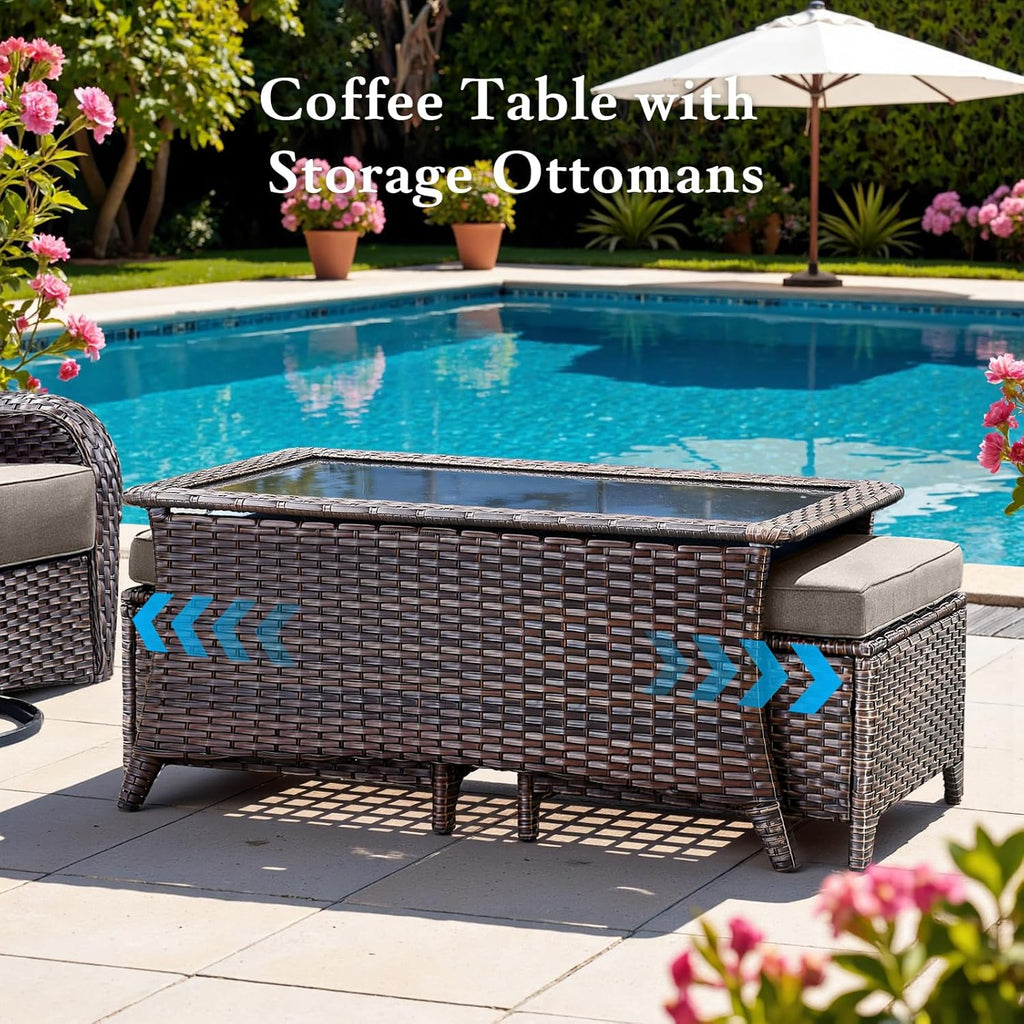 Luxury 6" Thick Cushioned 11 Pieces Patio Furniture Set with Outdoor Couch, Wicker Outdoor Conversation Set with High Back Swivel Rocker Chairs for Deck Porch Yard and Poolside - Brown+Grey