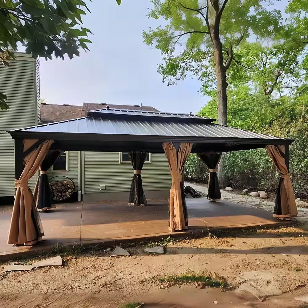13 Ft.X 20 Ft.Bronze Aluminum Power-Coated Frame Galvanized Steel Double Roof Hardtop Gazebo,Hooks,Netting,Khaki Curtain