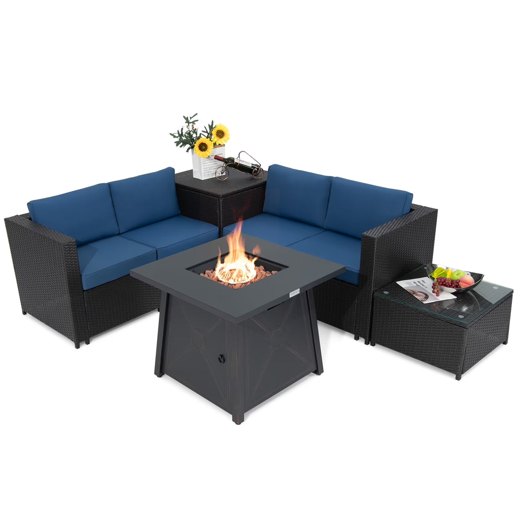 5-Piece Outdoor Patio Furniture Set with 50,000 BTU Propane Fire Pit Table Patio PE Wicker Conversation Set with Cushions Storage Box and Tempered Glass Coffee Table Navy