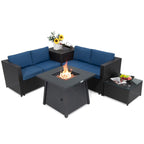 5-Piece Outdoor Patio Furniture Set with 50,000 BTU Propane Fire Pit Table Patio PE Wicker Conversation Set with Cushions Storage Box and Tempered Glass Coffee Table Navy