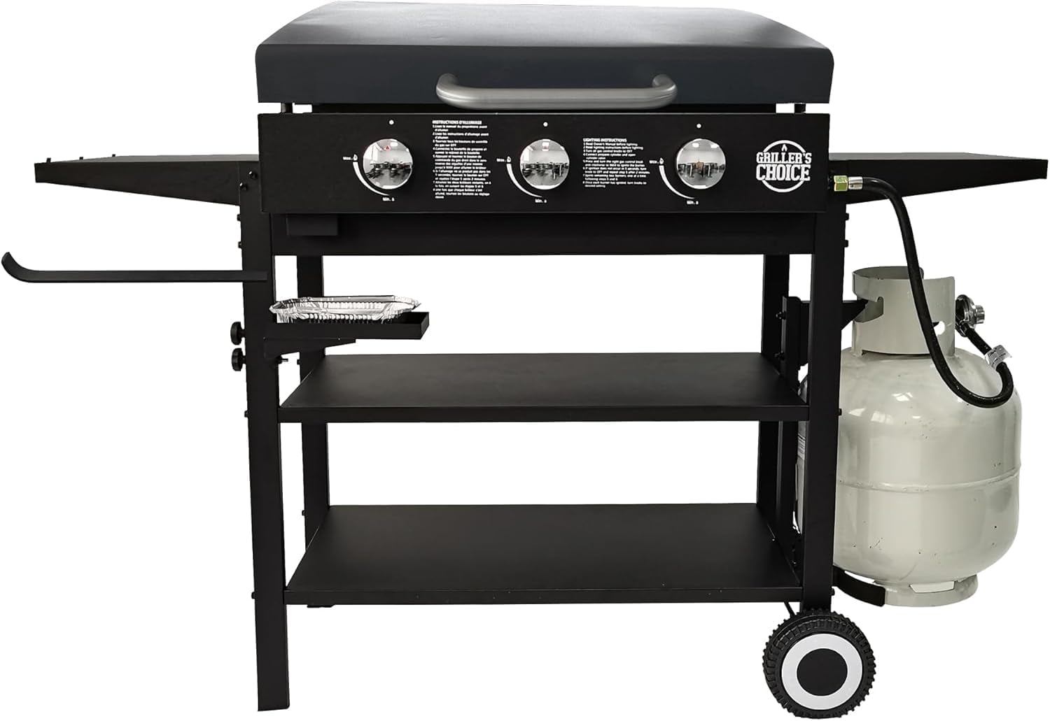 Griller'S Choice Gas Griddle with Hinged Hood & Wind Guards, 4 Shelves, Propane Griddle for Flat Grills Outdoor Cooking, Front Grease Management, Steel Flattop Grills Surface, Precision Heat Control