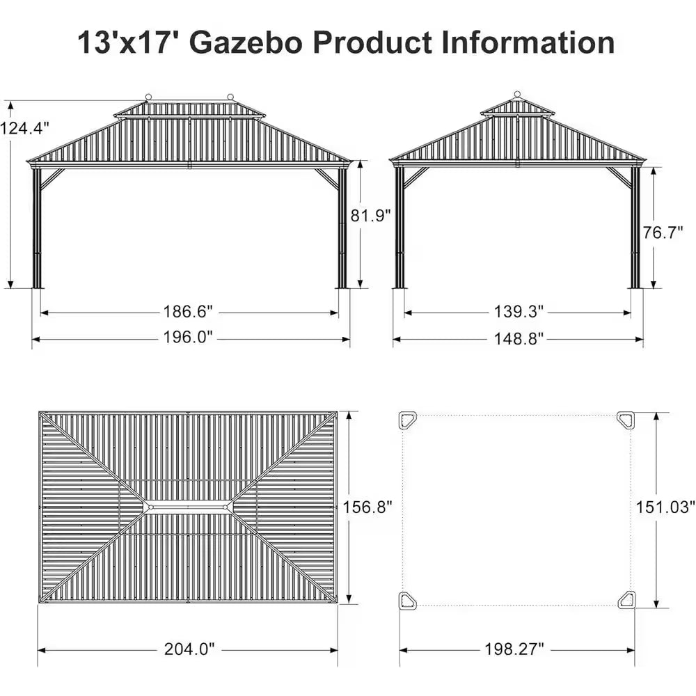 13 Ft. X 17 Ft. Bronze Patio Outdoor Gazebo for Backyard Hardtop Aluminum Frame, Hooks,Netting,Khaki Curtain, 36-Lights