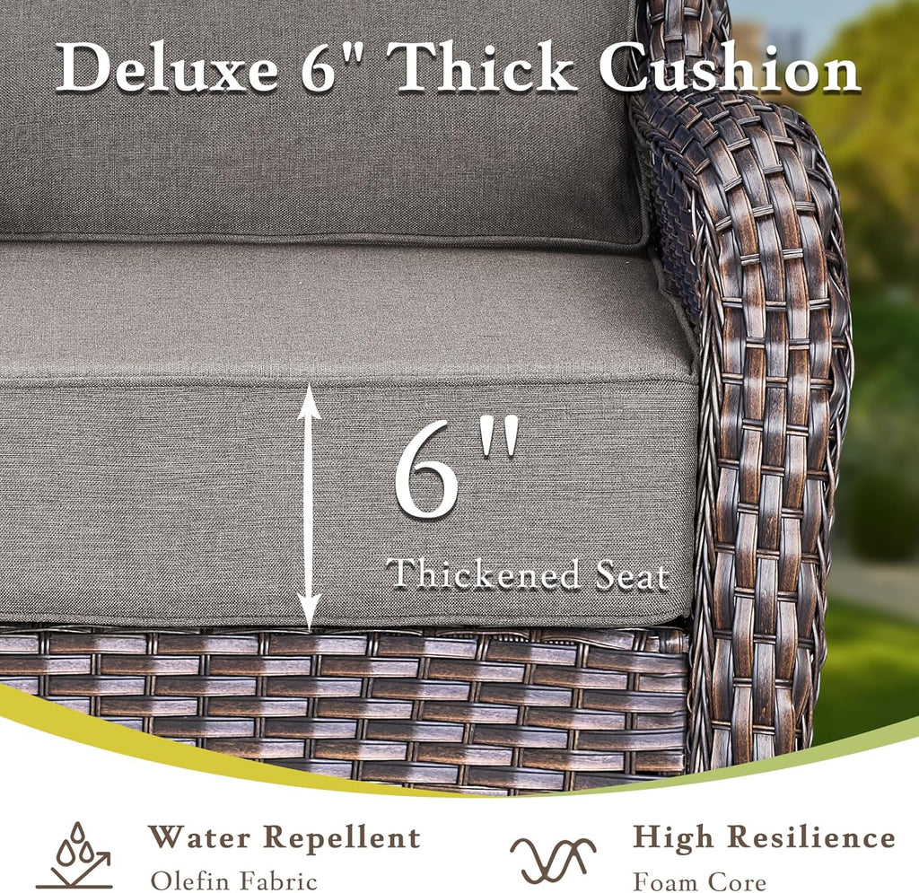 Luxury High Back Outdoor Furniture with 6-Inch Extra Thick Cushions, Patio Furniture Set with Fire Pit Table & Swivel Chairs, 9 PCS Wicker Conversation Set for Yard, Deck, Poolside, Brown/Grey