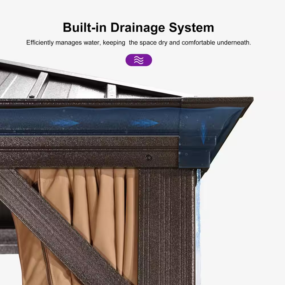 12 Ft. X 12 Ft.Bronze Aluminum Power-Coated Frame Galvanized Steel Double Roof Hardtop Gazebo,Hook,Netting,Khaki Curtain