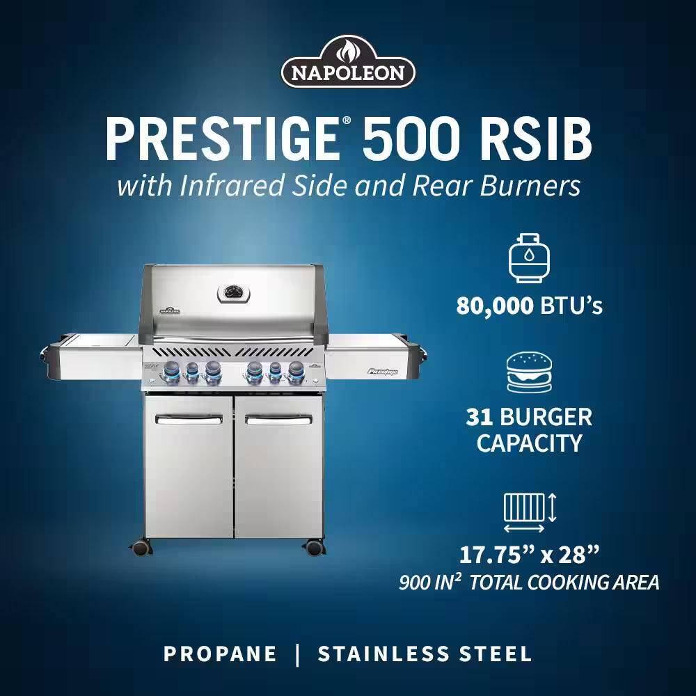 Prestige 500 4-Burner Propane Gas Grill in Stainless Steel with Infrared Side and Rear Burners and Rotisserie Kit