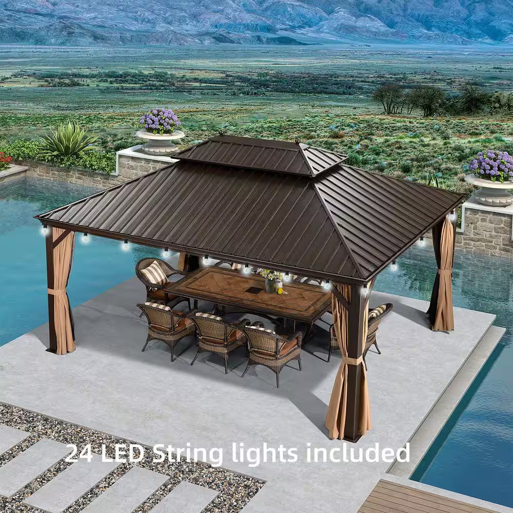 12 Ft.X 16 Ft.Bronze Patio Outdoor Gazebo for Backyard Hardtop Aluminum Frame with Hooks,Netting,Khaki Curtain,24-Lights