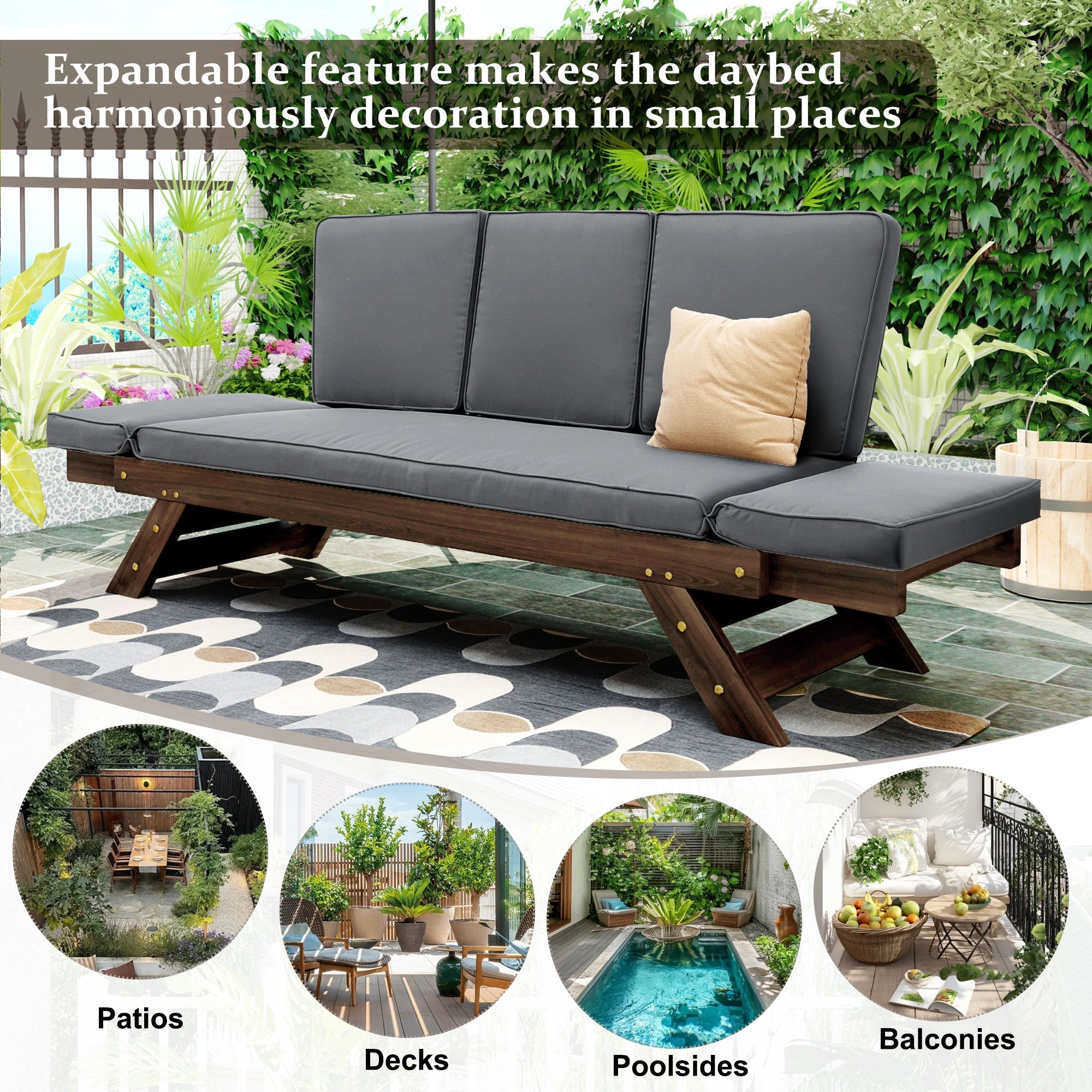 Outdoor Adjustable Patio Wooden Daybed Sofa Chaise Lounge with Cushions