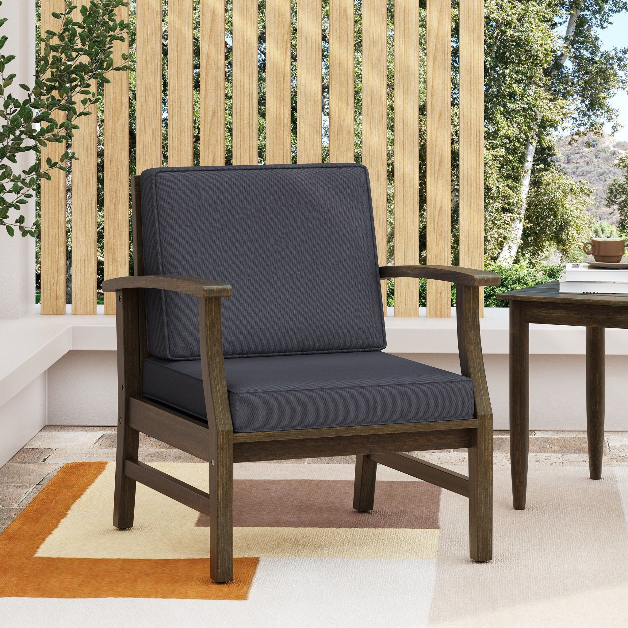 Outdoor Club Chair with Slat Panel Design and Water Resistant Cushion - Dark Gray