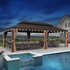 14 Ft. X 24 Ft. Bronze Patio Outdoor Gazebo for Backyard Hardtop Aluminum Frame, Hooks, Netting, Khaki Curtain,48-Lights