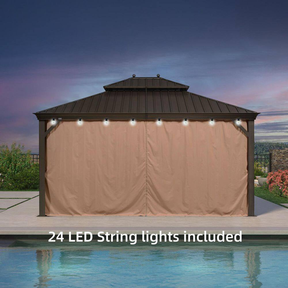 10 Ft.X 14 Ft.Bronze Patio Outdoor Gazebo for Backyard Hardtop Aluminum Frame with Hooks,Netting,Khaki Curtain,24-Lights