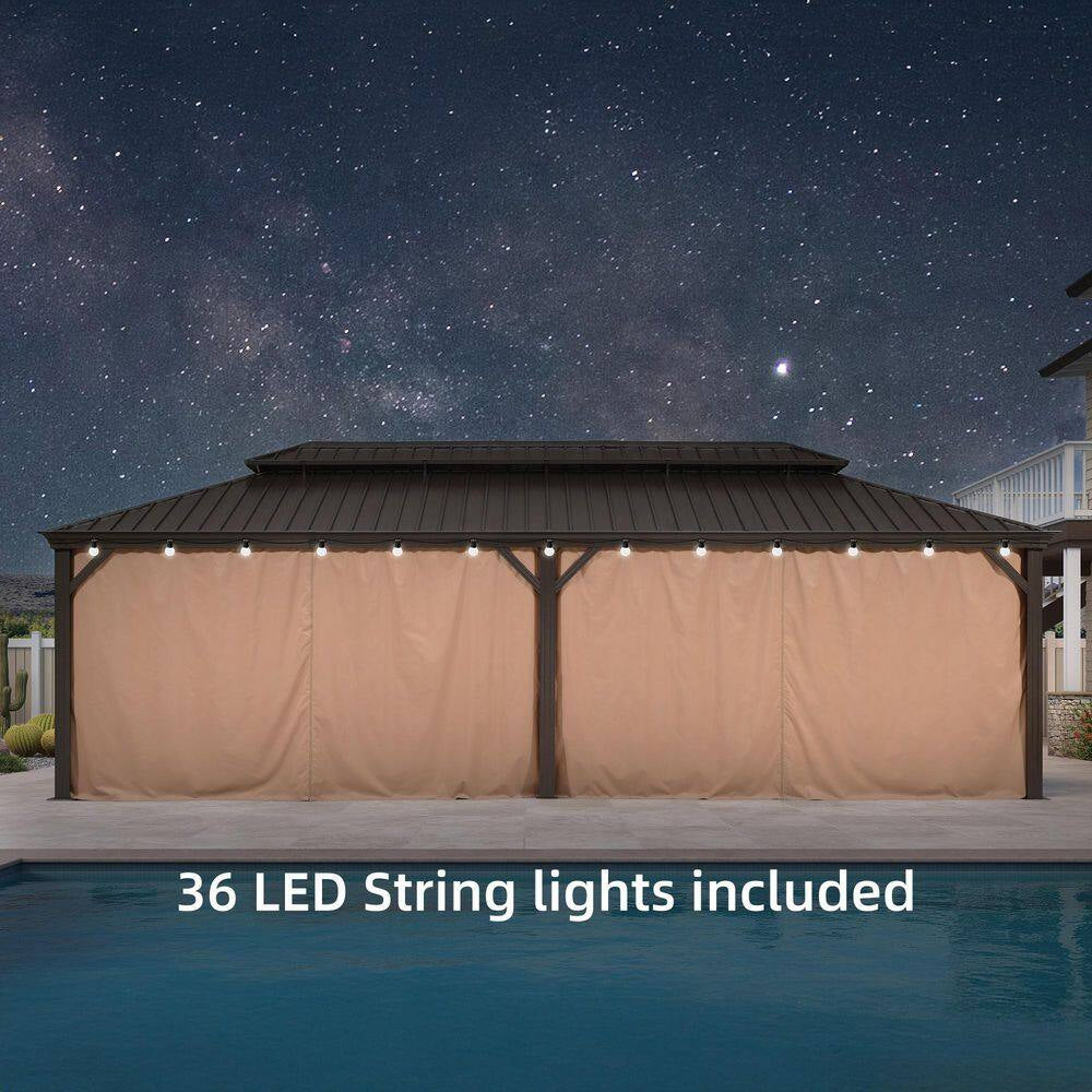 12 Ft.X 26 Ft.Bronze Patio Outdoor Gazebo for Backyard Hardtop Aluminum Frame with Hooks,Netting,Khaki Curtain,48-Lights