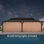 12 Ft.X 26 Ft.Bronze Patio Outdoor Gazebo for Backyard Hardtop Aluminum Frame with Hooks,Netting,Khaki Curtain,48-Lights