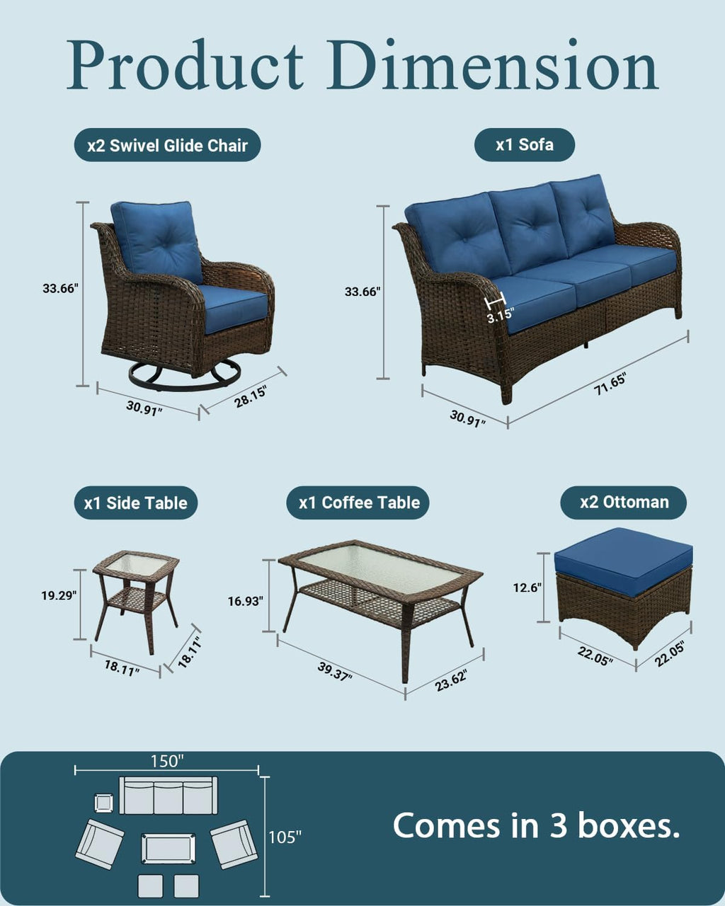 Patio Furniture Set, 7PCS Outdoor Wicker Conversation Set with 6" Thick Cushions, High Back Rattan Sofa & Swivel Rocker Chairs, Weather Resistant Olefin Fabric for Garden, Poolside, Navy Blue