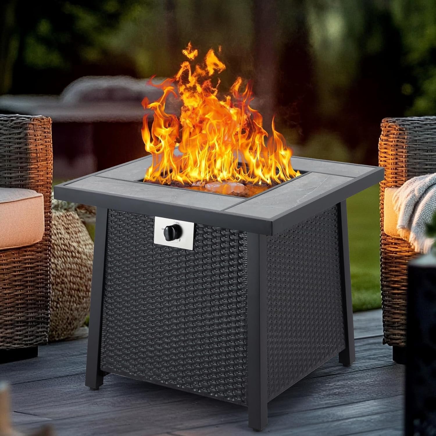 28 Inch Gas Fire Pit Outdoor Firepit Table, 50000BTU Rectangle Propane Fire Table with Lid & Lava Rock for outside Garden Backyard Deck Patio, CSA Safety Certified