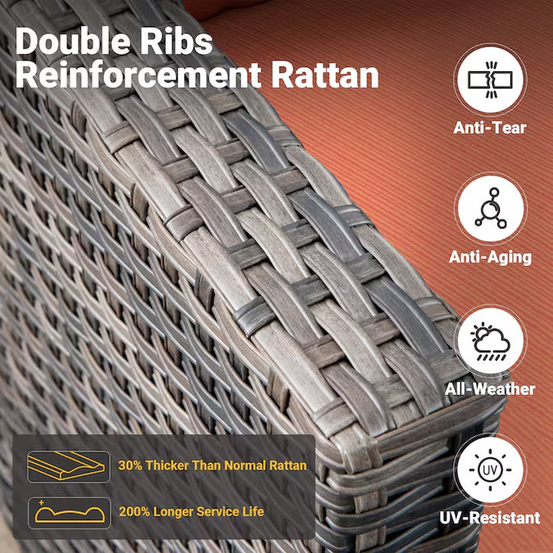 6 -Piece Wicker Patio Sofa Conversation Set with Orange Cushions