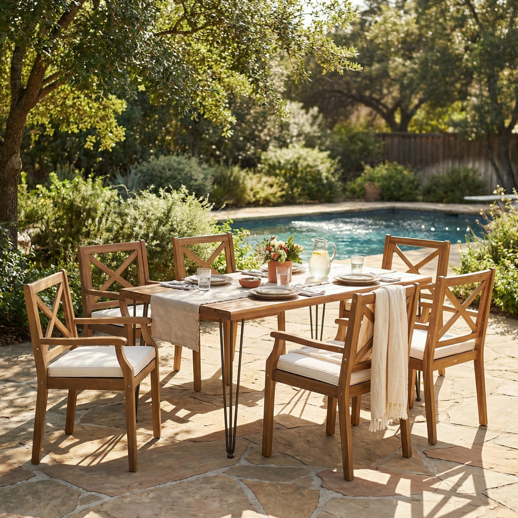 7- Piece Acacia Wood Outdoor Dining Set with Cream Cushions