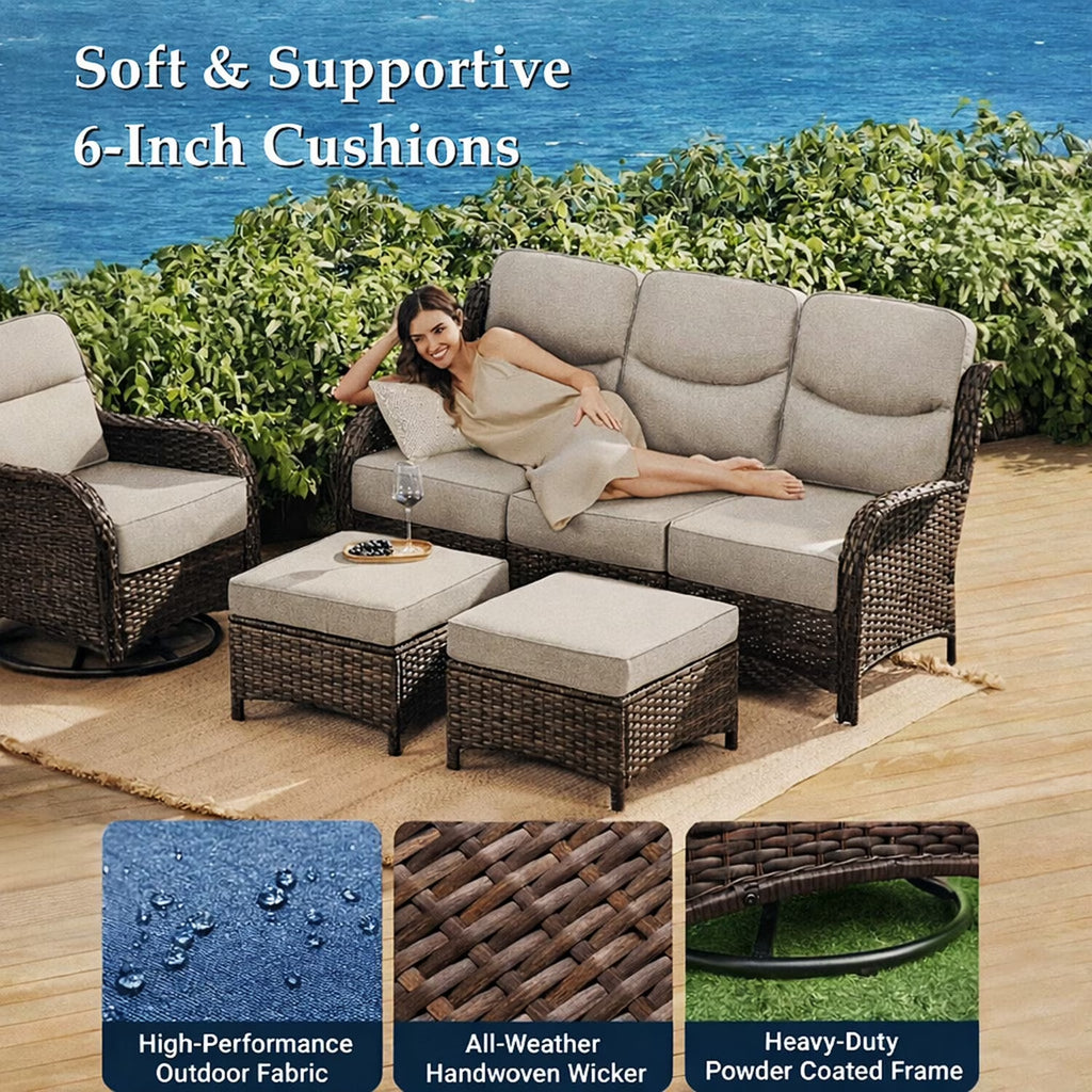 6 Pieces Luxury Outdoor Patio Furniture Sets Outdoor Conversation Sets with Swivel Rocker Patio Chairs with 6" Thick Cushion,Sofa and Glass Coffee Table for Porch Deck Backyard Poolside