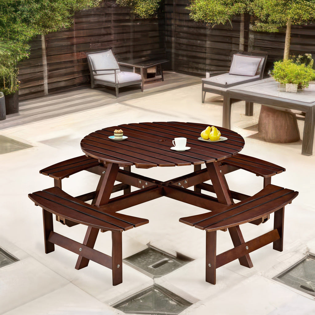 Outdoor 8- Person Round Picnic Table with Built-In Benches