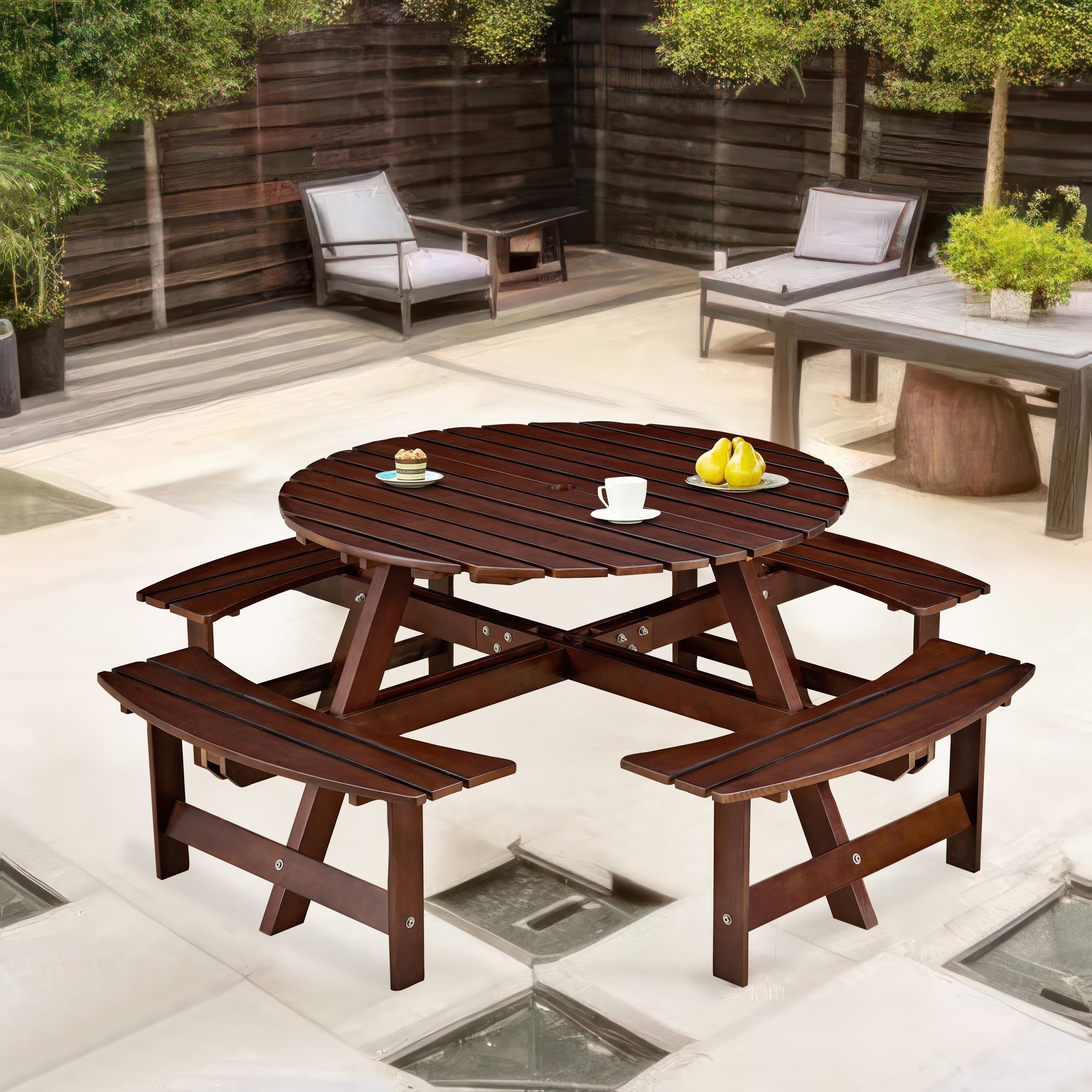 Outdoor 8- Person Round Picnic Table with Built-In Benches