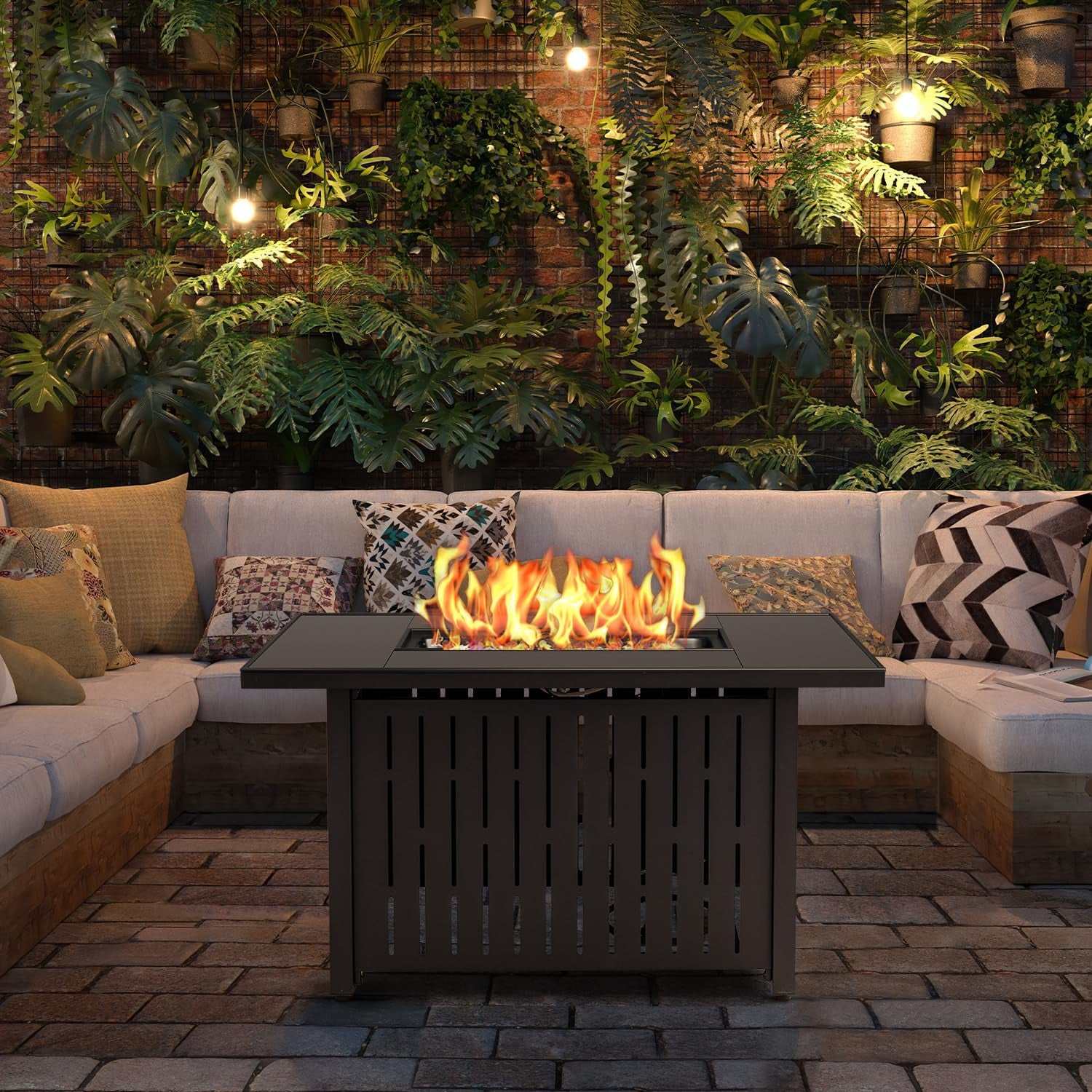 44" Propane Gas Fire Pit Table 50,000 BTU Outdoor Rectangular Firepit with Lid, Rain Cover for outside Garden Backyard Deck Patio, Black