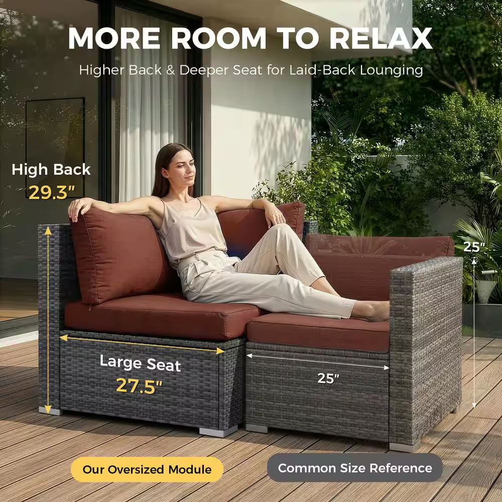15-Piece Large Size Gray Wicker Patio Conversation Sofa Set with Dark Red Cushions Fire Pit Table and Coffee Tables