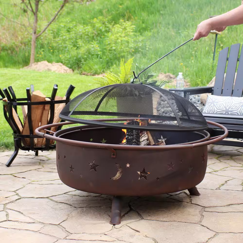 Cosmic 42 In. X 23 In. Large round Steel Wood Burning Fire Pit with Spark Screen