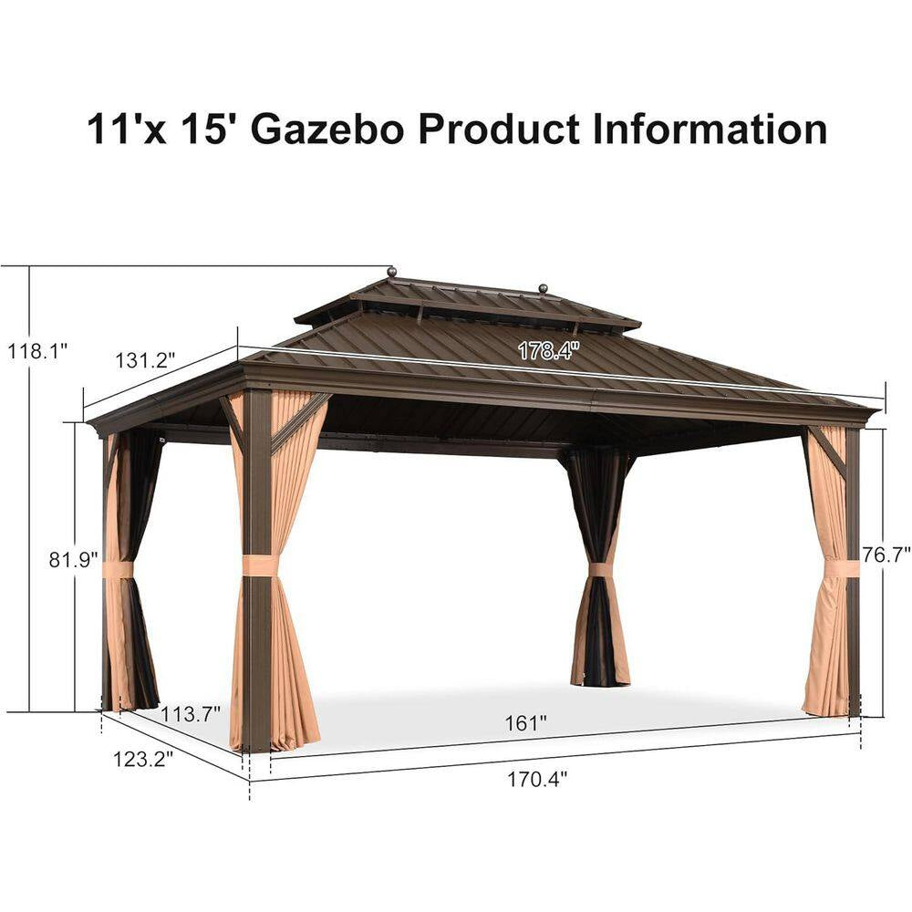 11 Ft. X 15 Ft. Bronze Patio Outdoor Gazebo for Backyard Hardtop Aluminum Frame, Hooks,Netting,Khaki Curtain, 24-Lights