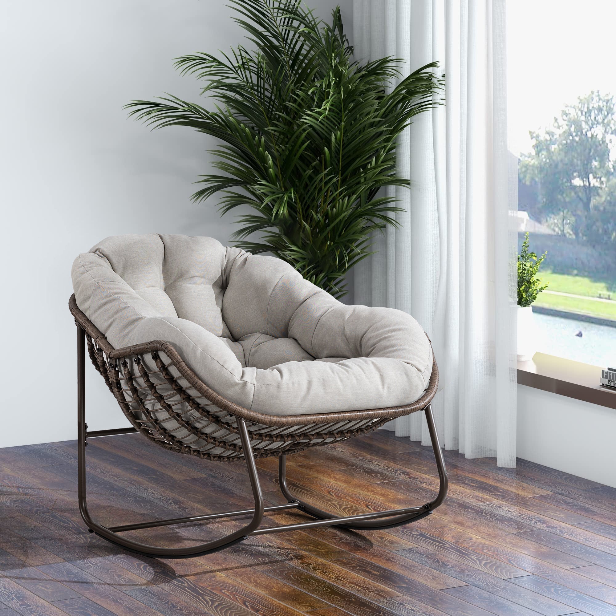 Outdoor Rattan Rocking Chair with Padded Cushion