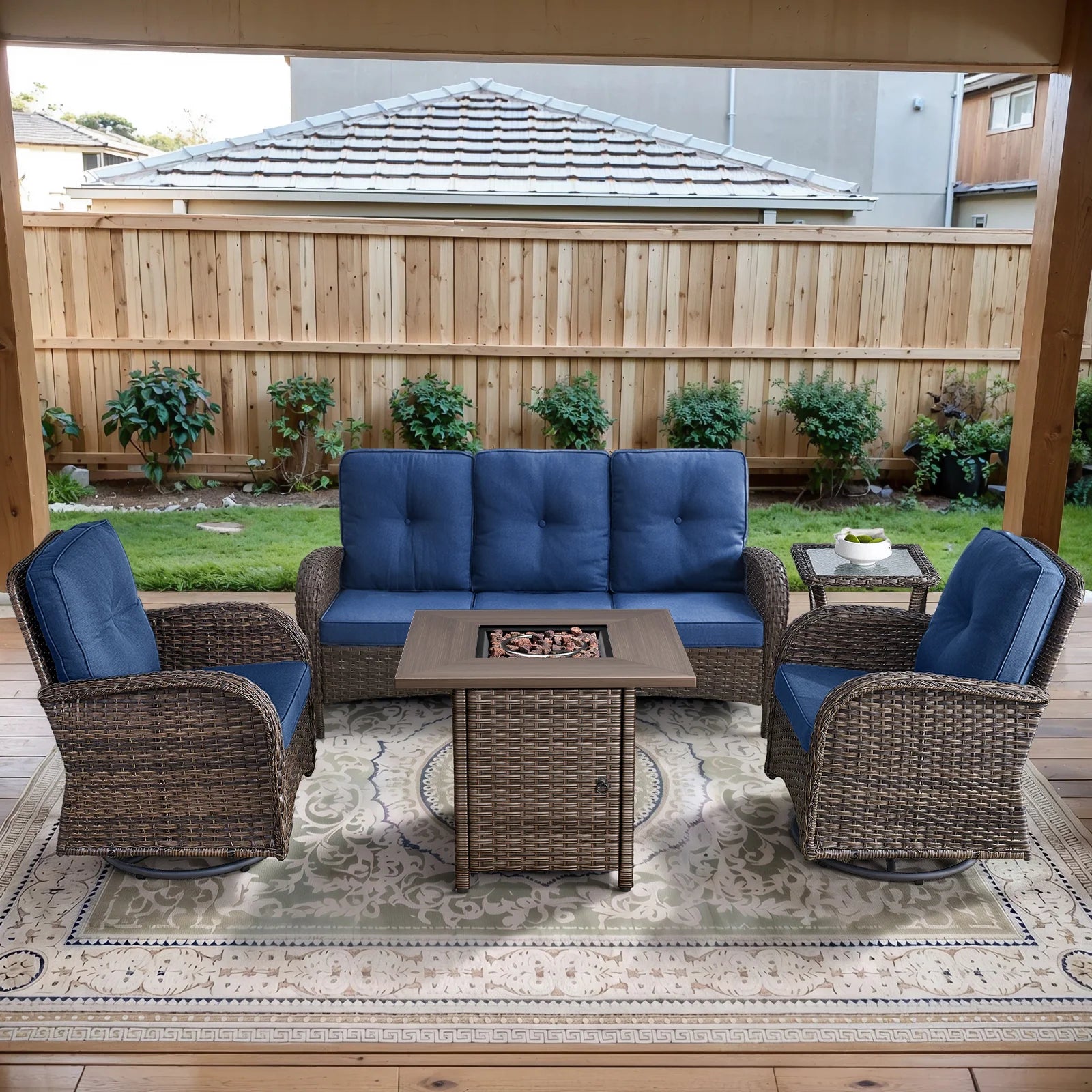 Outdoor Fire Pit Conversation Set, 3-Seat Sofa & Chairs Patio Furniture Set