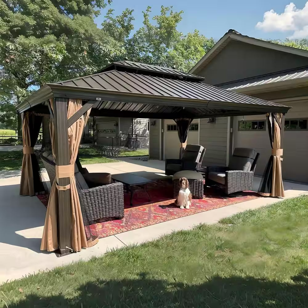 12 Ft.X 16 Ft.Bronze Aluminum Power-Coated Frame Galvanized Steel Double Roof Hardtop Gazebo,Hooks,Netting,Khaki Curtain