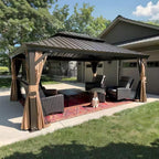 12 Ft.X 16 Ft.Bronze Aluminum Power-Coated Frame Galvanized Steel Double Roof Hardtop Gazebo,Hooks,Netting,Khaki Curtain