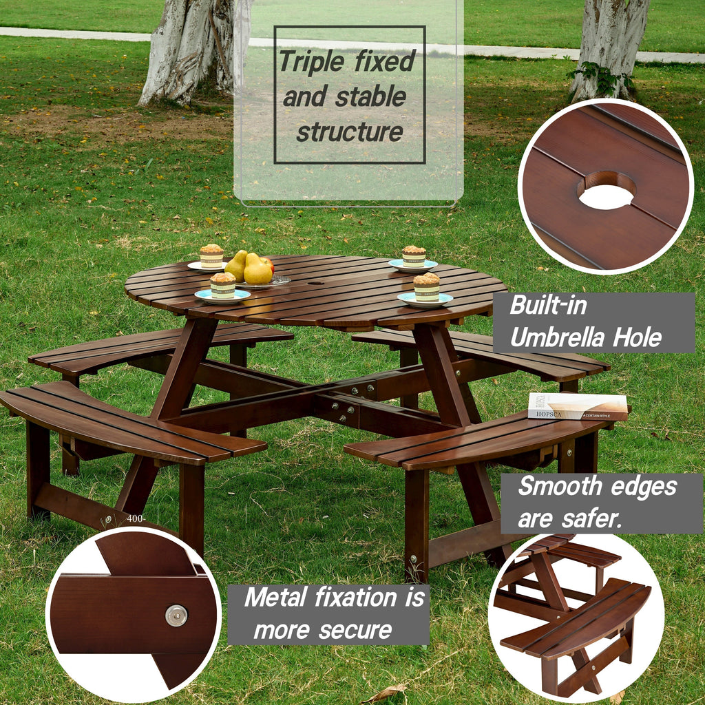 Outdoor 8- Person Round Picnic Table with Built-In Benches