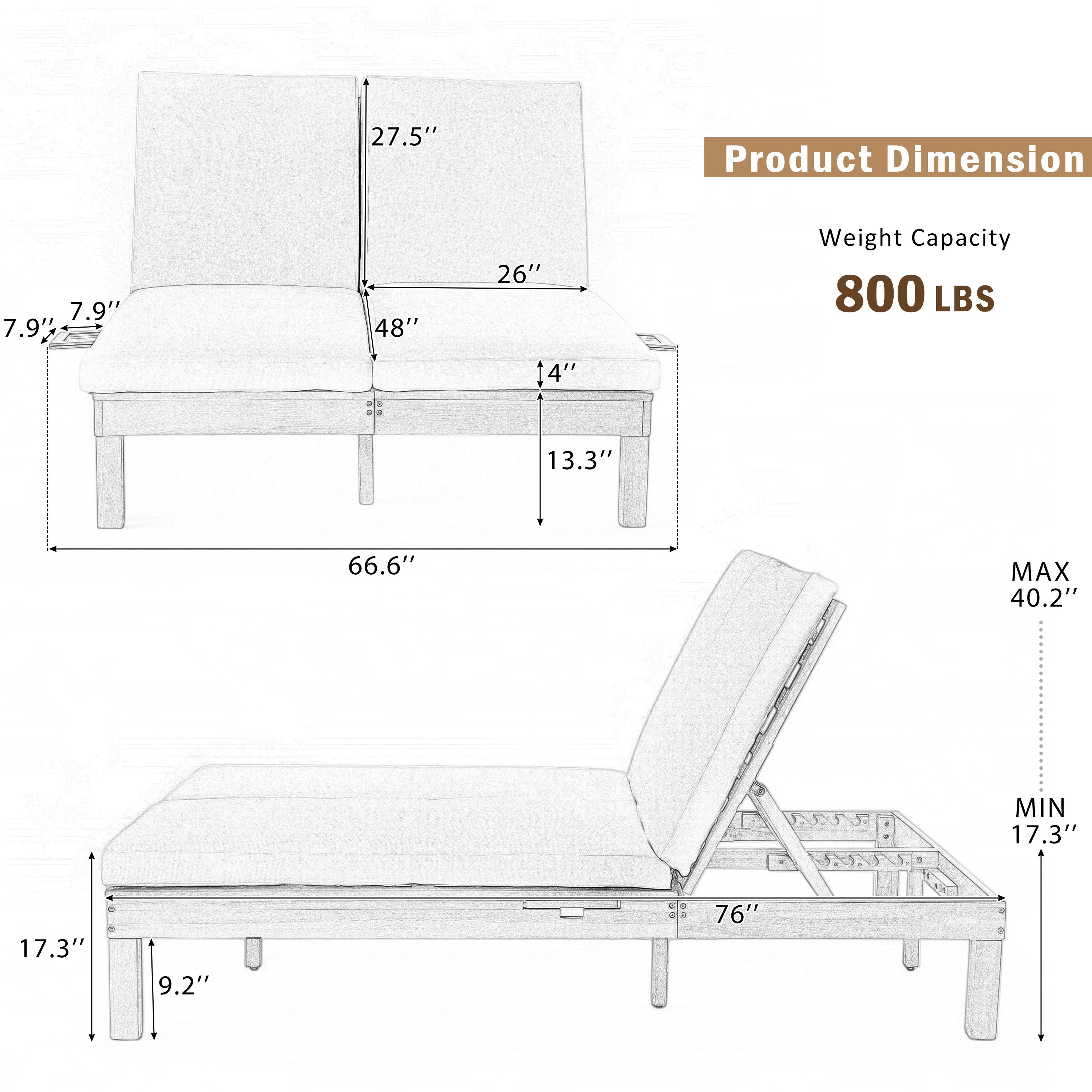 5-Position Adjustable Backrest Double Chaise Lounge Outdoor
