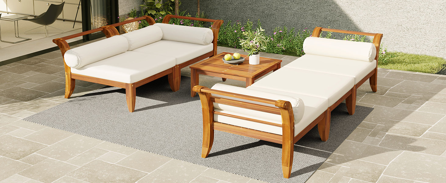 6- Piece Acacia Wood Outdoor Modular Sectional with Daybed and Tea Table