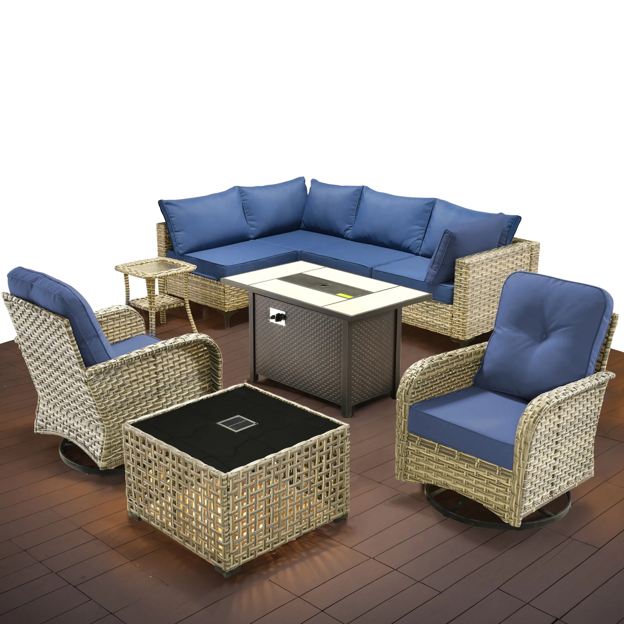 Outdoor Patio Furniture Set 9 Pieces Rattan Wicker Sectional with 42" Gas Fire Pit, Swivel Chairs, Solar Table, Navy Blue