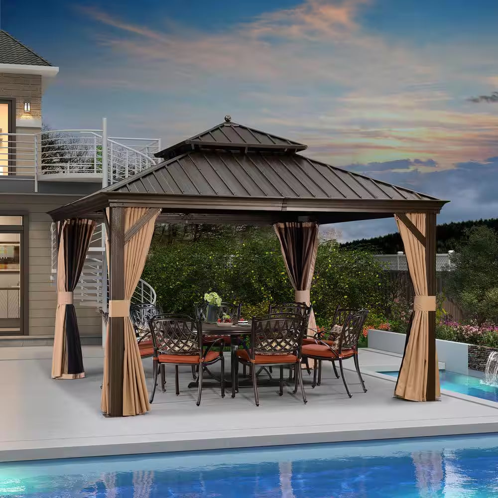 12 Ft. X 12 Ft.Bronze Aluminum Power-Coated Frame Galvanized Steel Double Roof Hardtop Gazebo,Hook,Netting,Khaki Curtain