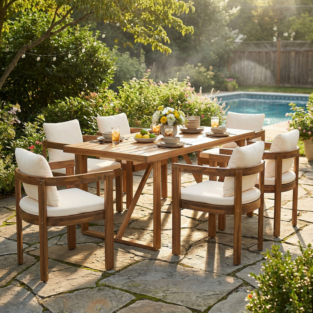 7- Piece Acacia Wood Outdoor Dining Set with Cream Cushions